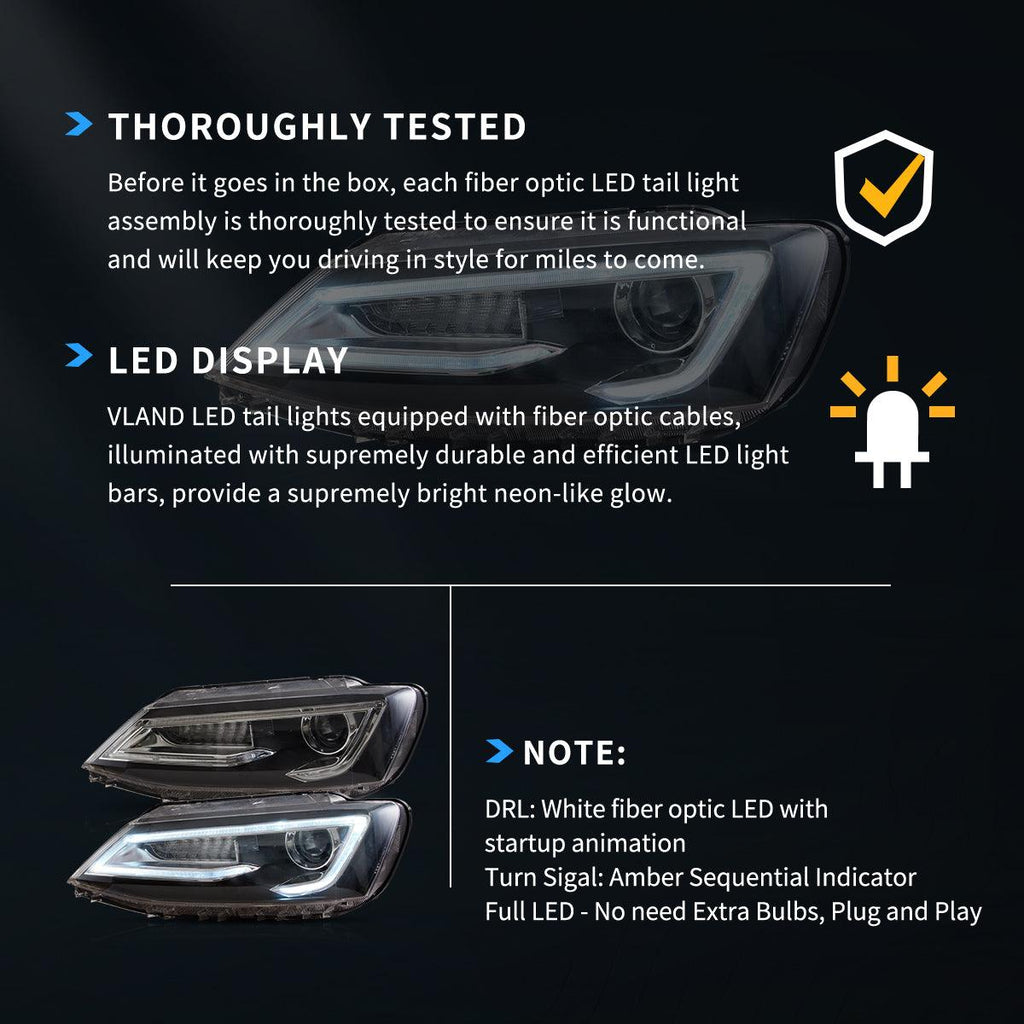 LED Headlight Assembly Dual Beam Projector Black For 2010-2018 Volkswagen Jetta