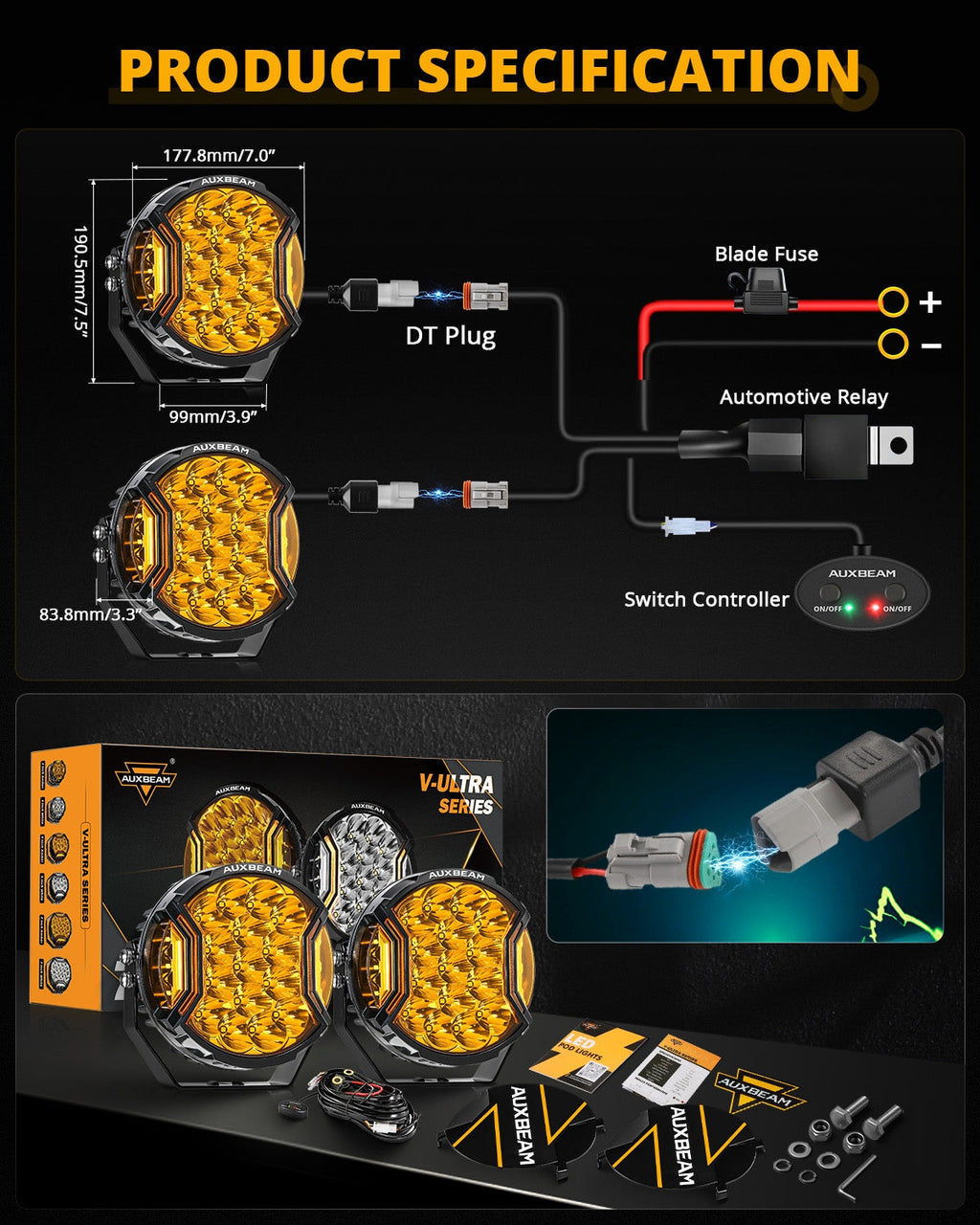 V-ULTRA Series | 7 Inch 226W LED Side Shooter Amber Pod Lights with Amber DRL