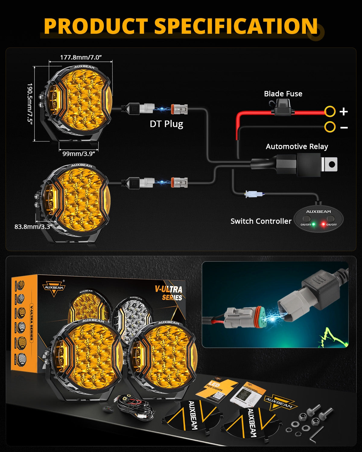 V-ULTRA Series | 7 Inch 226W LED Side Shooter Amber Pod Lights with Amber DRL