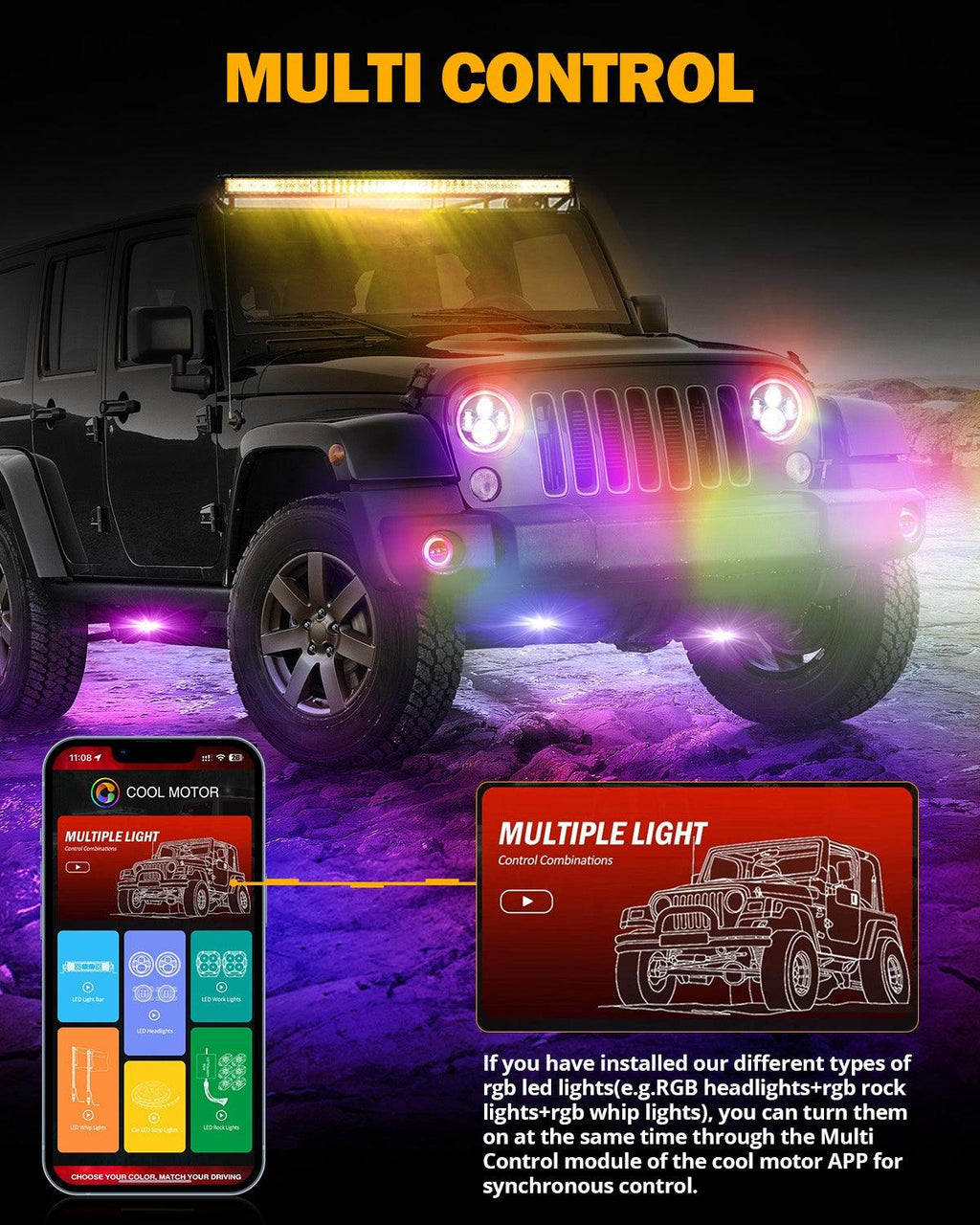 Upgraded RGB 7 Inch Headlights + 4 Inch Fog Lights Combo for Jeep Wrangler JK with APP Control