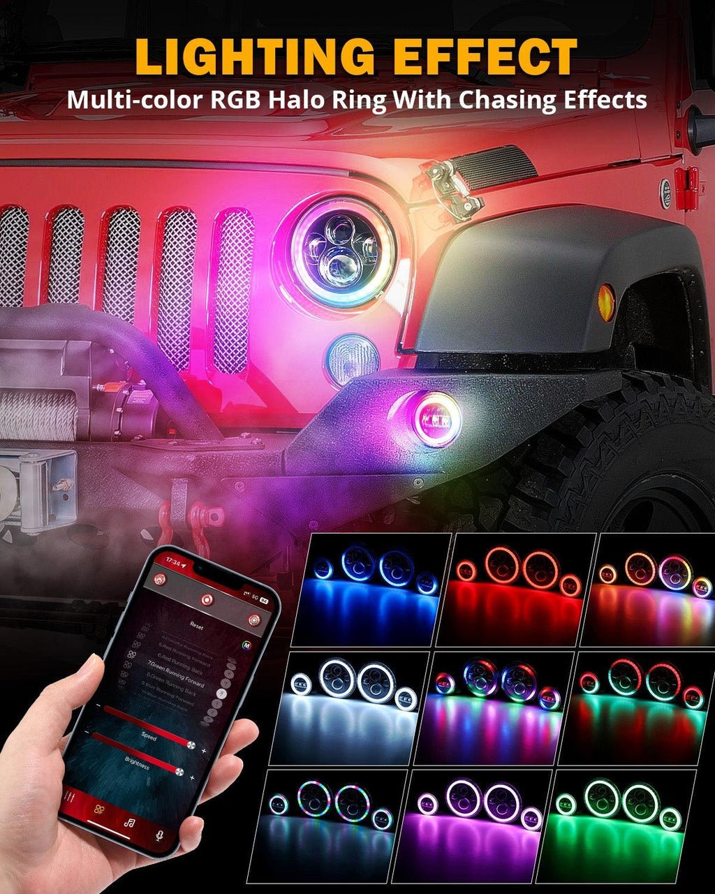Upgraded RGB 7 Inch Headlights + 4 Inch Fog Lights Combo for Jeep Wrangler JK with APP Control