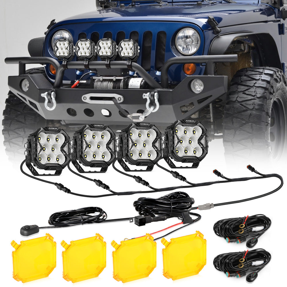 CUBE-Z Series 4 Inch Flood LED Pod Lights Off Road Lights with White DRL & Amber Turn Signal Lights