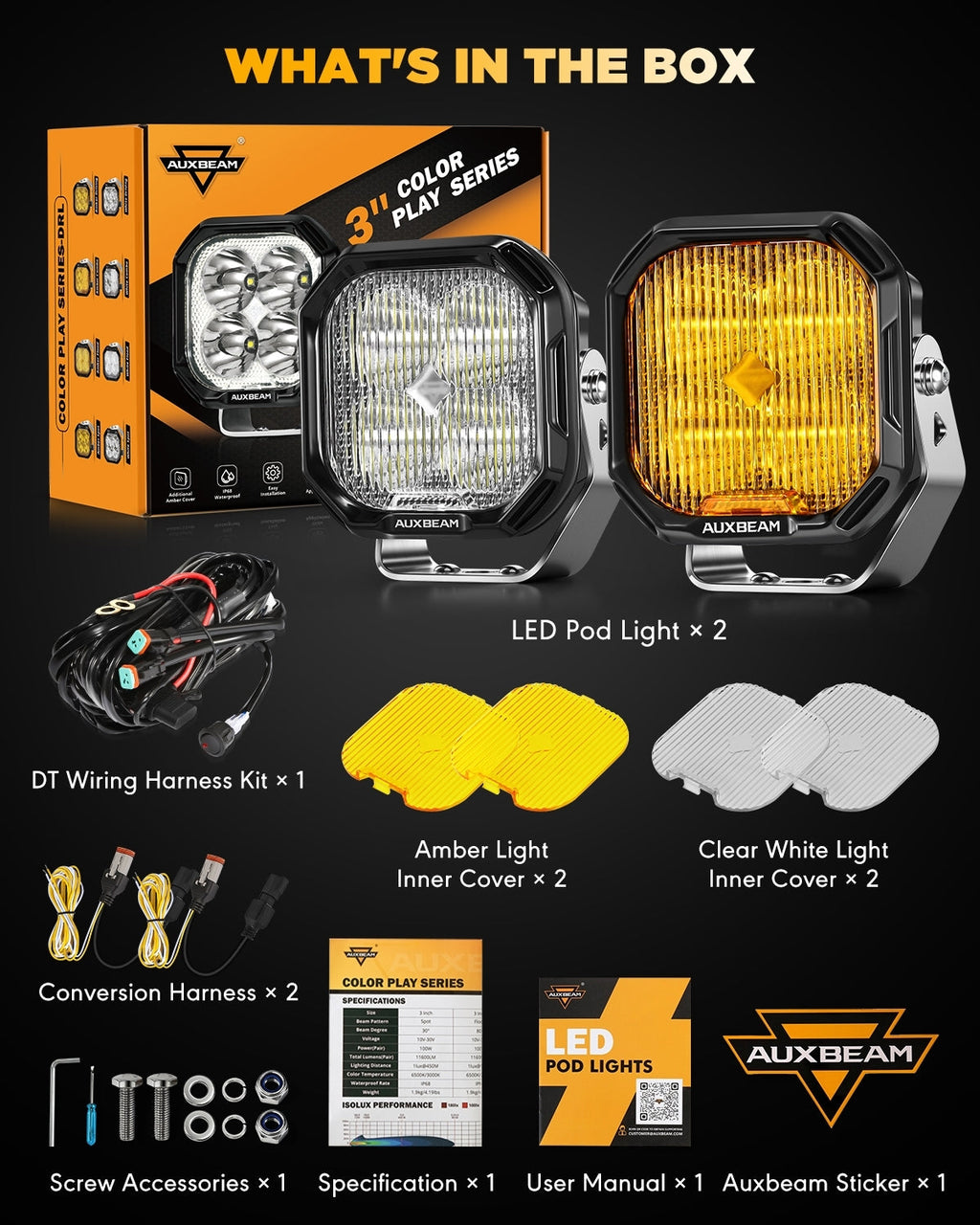 Color Play Series 3 Inch 100W Fog Lights Off Road Lights with White DRL & Amber Turn Signal Lights