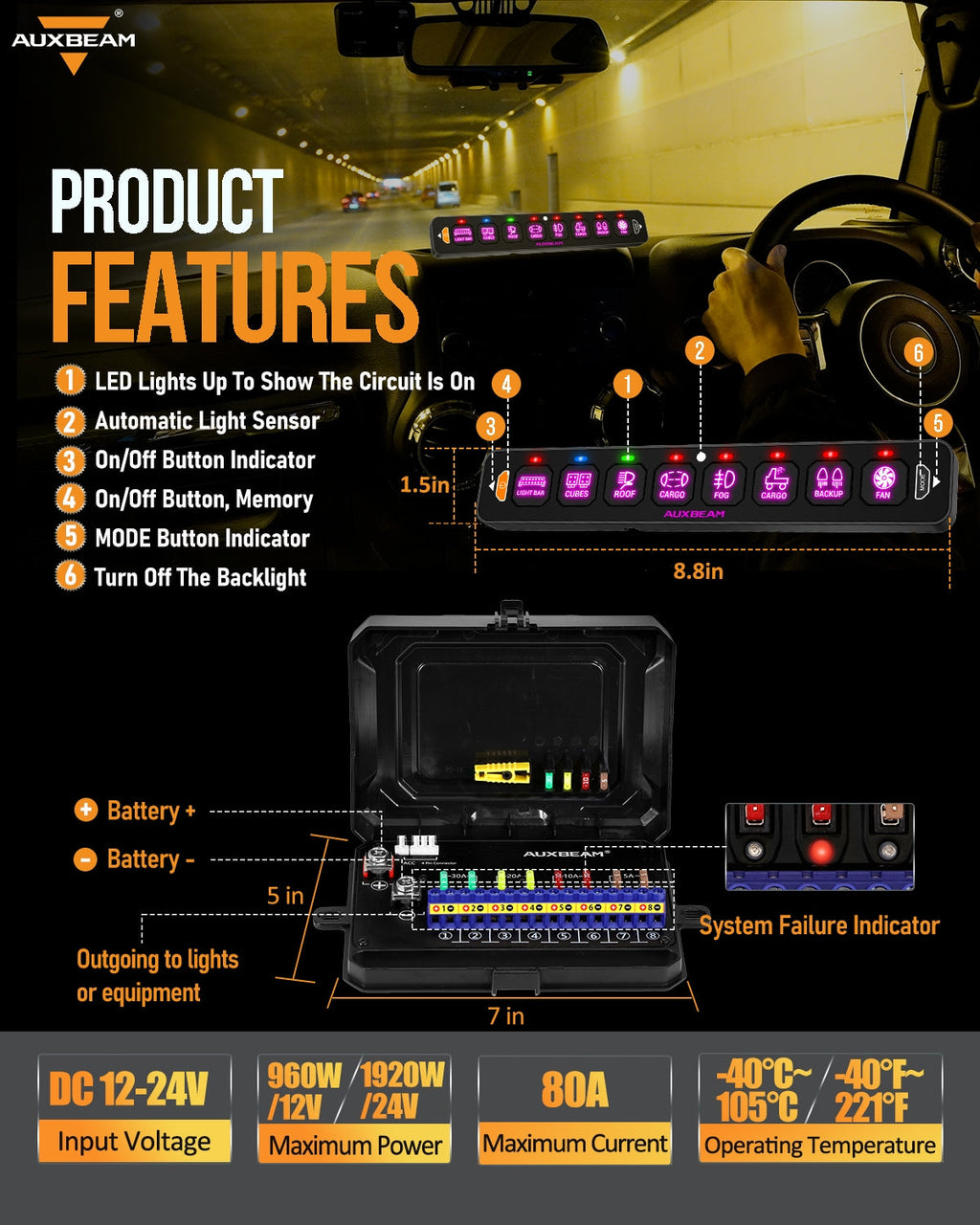 AS Series 8 Gang (AS-R80) RGB Slim Switch Panel, Toggle/ Momentary/ Pulsed Mode Supported(One-Sided Outlet)