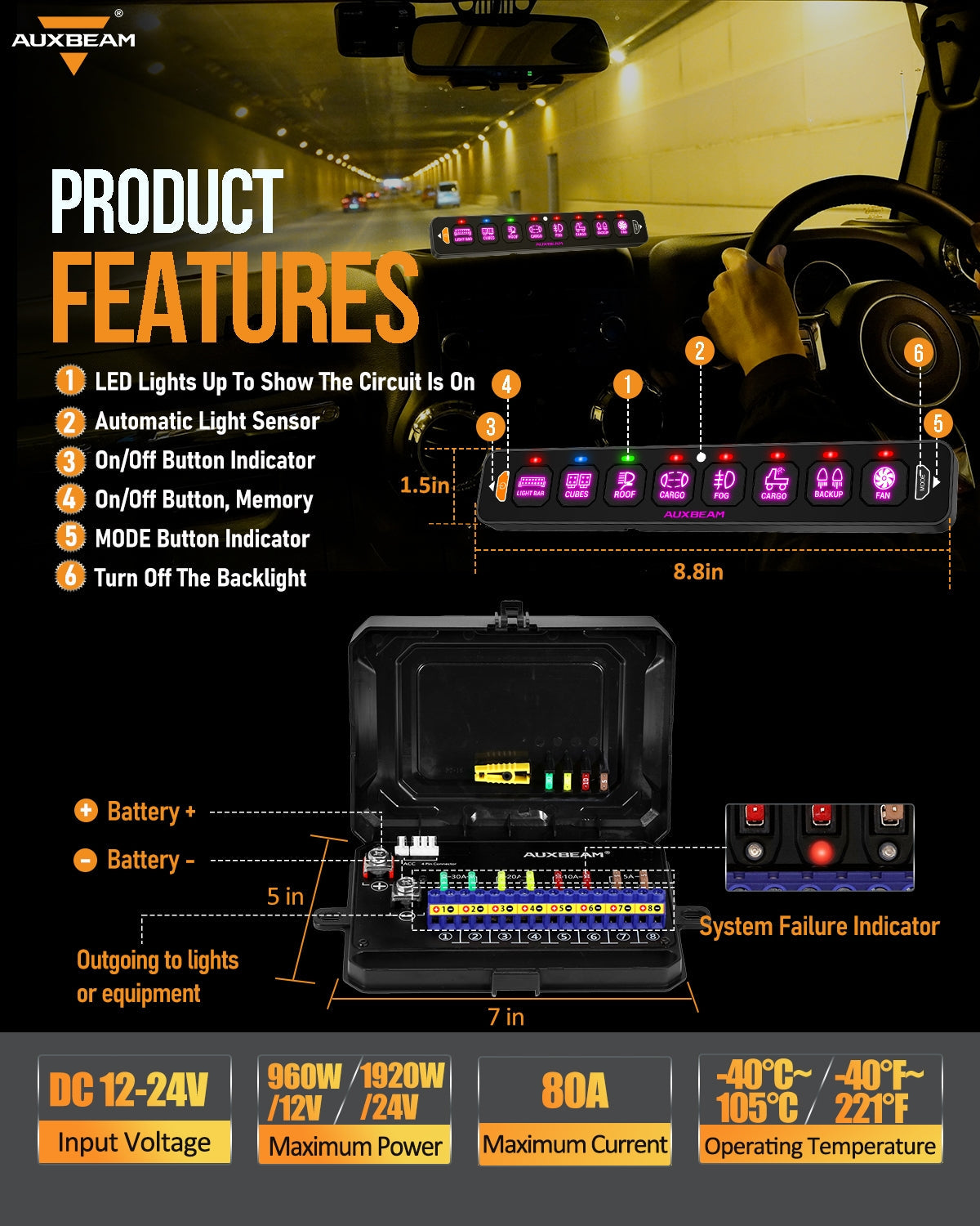 AS Series 8 Gang (AS-R80) RGB Slim Switch Panel, Toggle/ Momentary/ Pulsed Mode Supported(One-Sided Outlet)