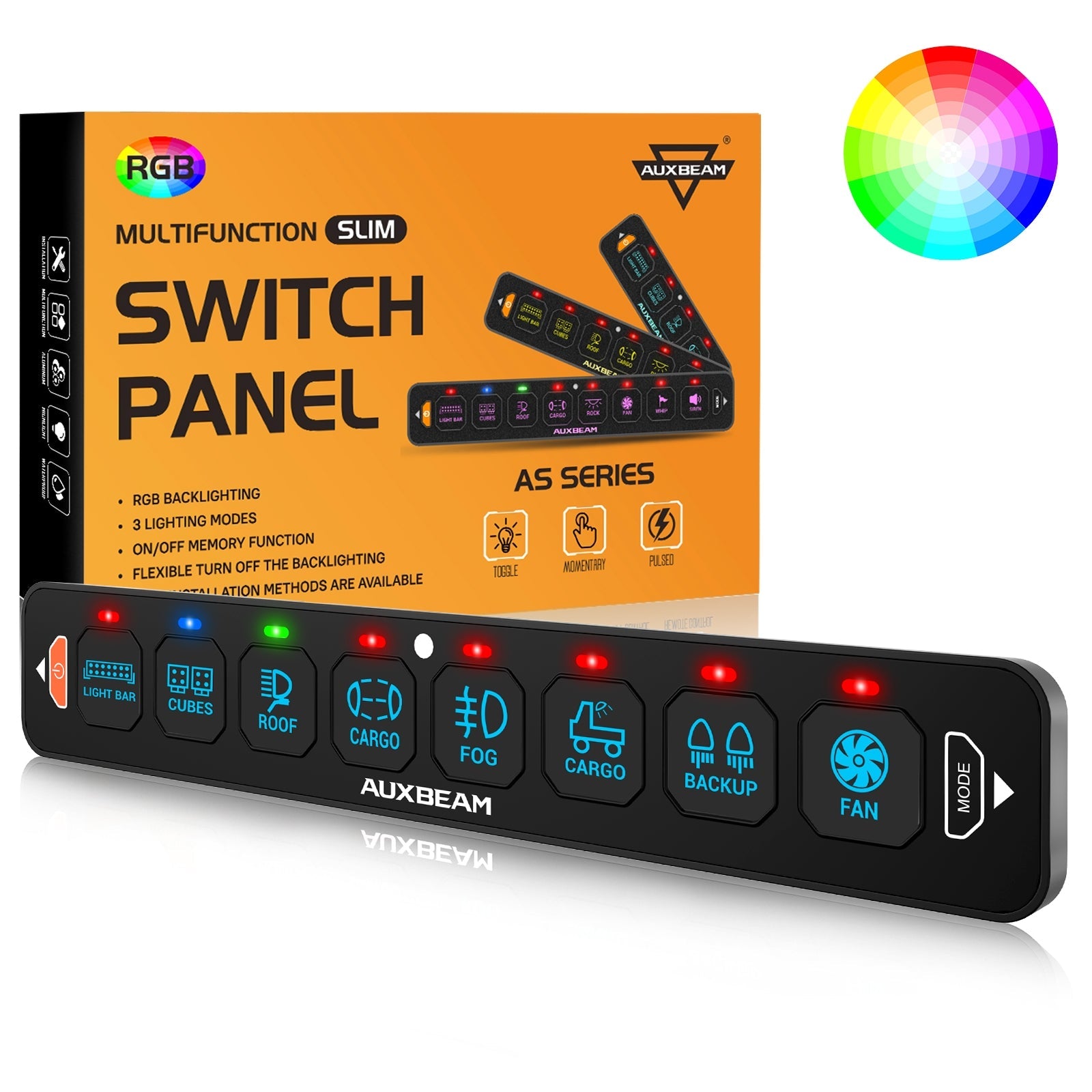 AS Series 8 Gang (AS-R80) RGB Slim Switch Panel, Toggle/ Momentary/ Pulsed Mode Supported(One-Sided Outlet)