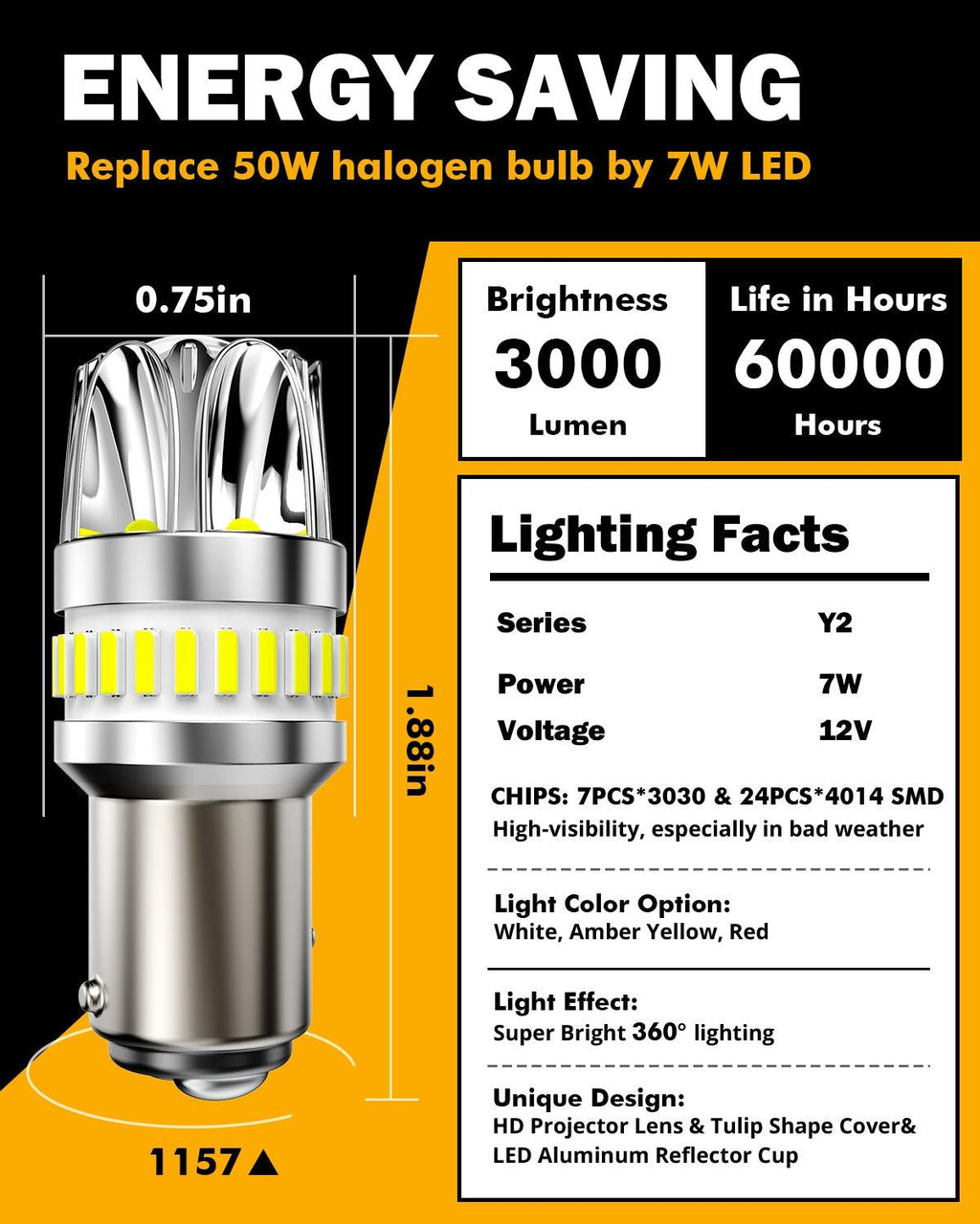 1157 BAY15D LED Backup Reverse/Turn Signal/Brake Tail Light Bulbs 14W 6000LM CAN-Bus Error Free 6500K White Y2 Series | 2 Bulbs