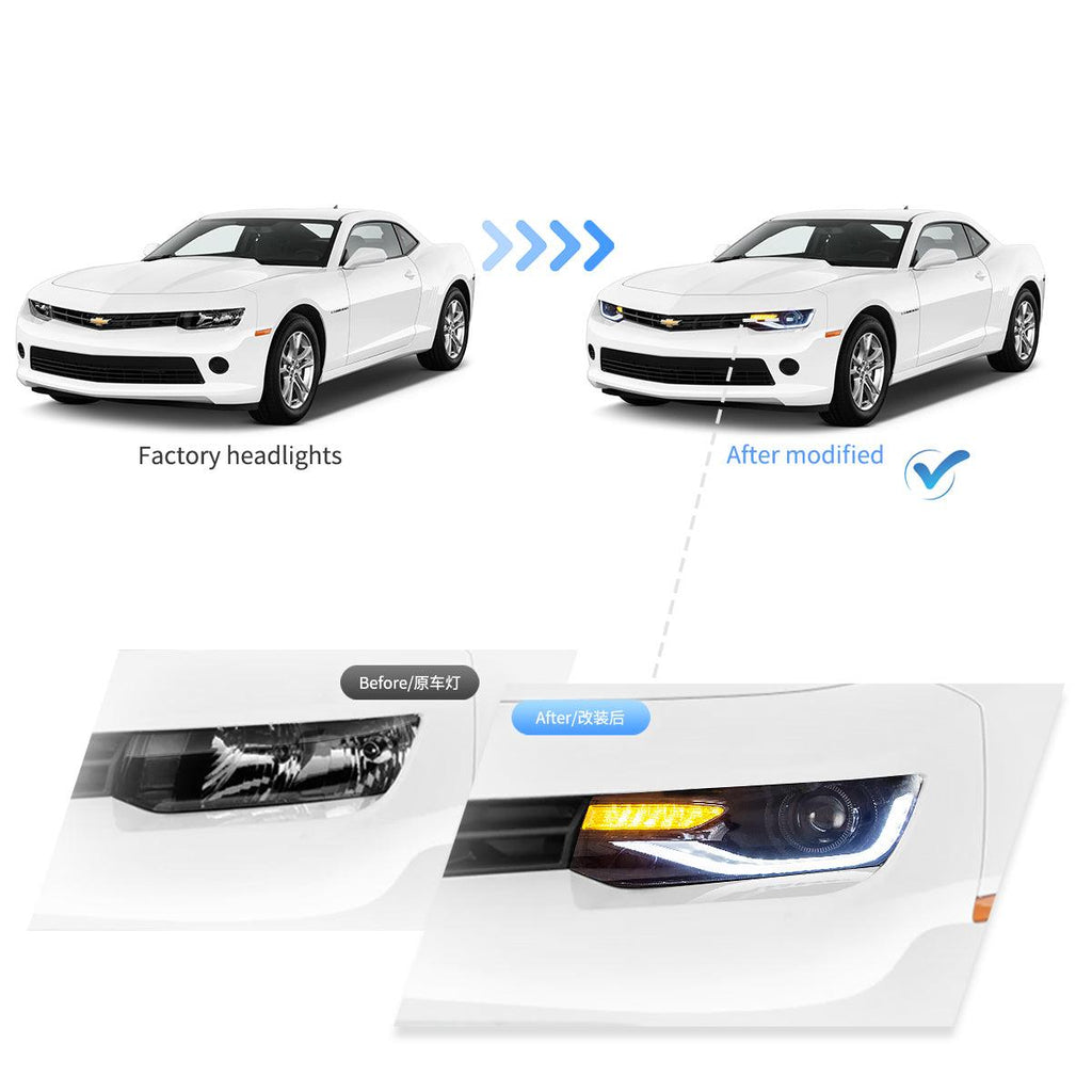 LED Headlight Assembly Dual Beam Projector Black For 2014-2015 Chevrolet Camaro